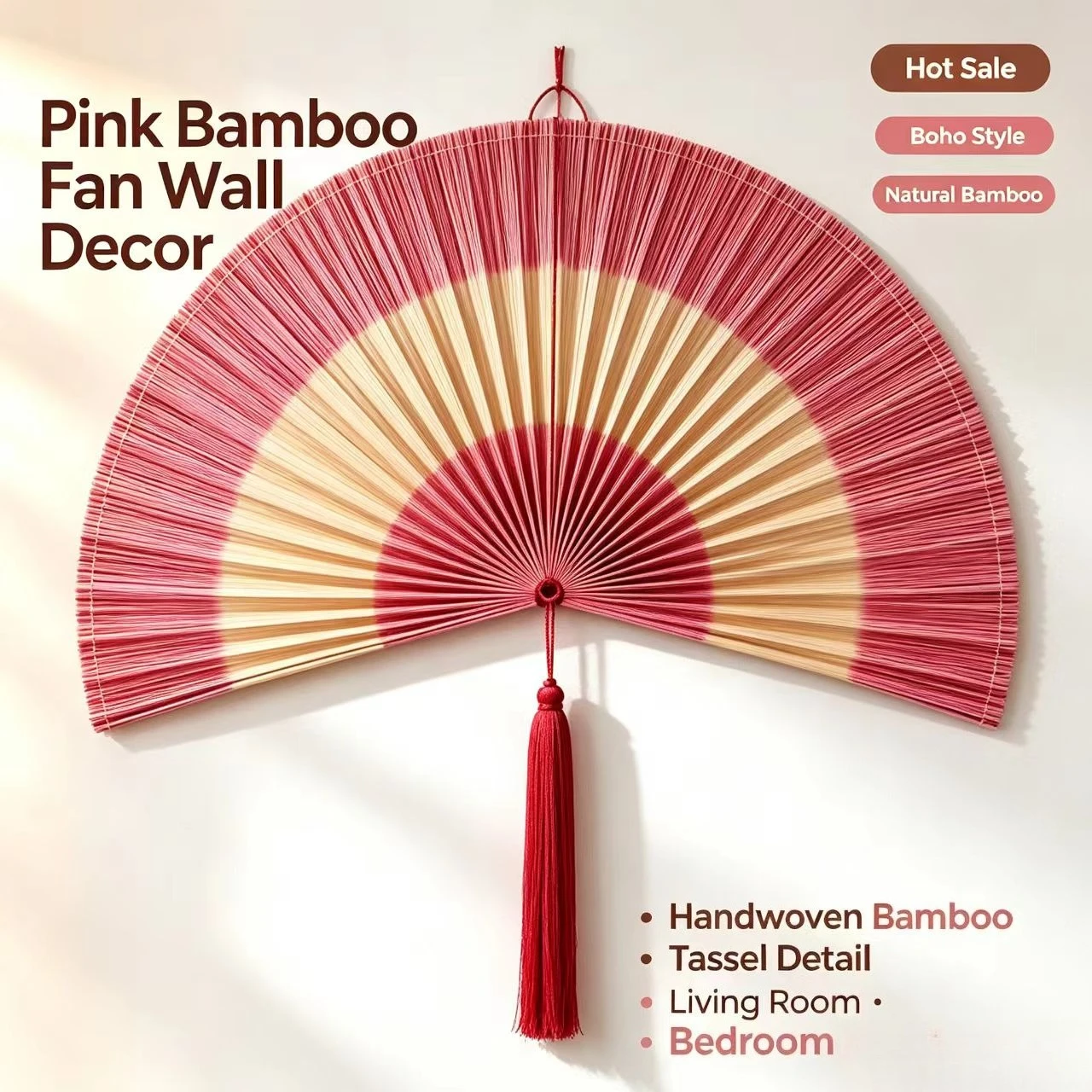 Handwoven Bamboo Wall Hanging Fan New Chinese Oriental Decor Fan, Tassel Fan Wall Art for Homestay Tea House Wedding Decor