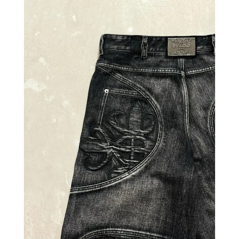 Y2K القوطية غسلها جعل الجينز القديم فضفاض للرجال شخصية الهيب هوب مع خطوط مهدب Harajuku موضة مستقيم بنطال ذو قصة أرجل واسعة #2