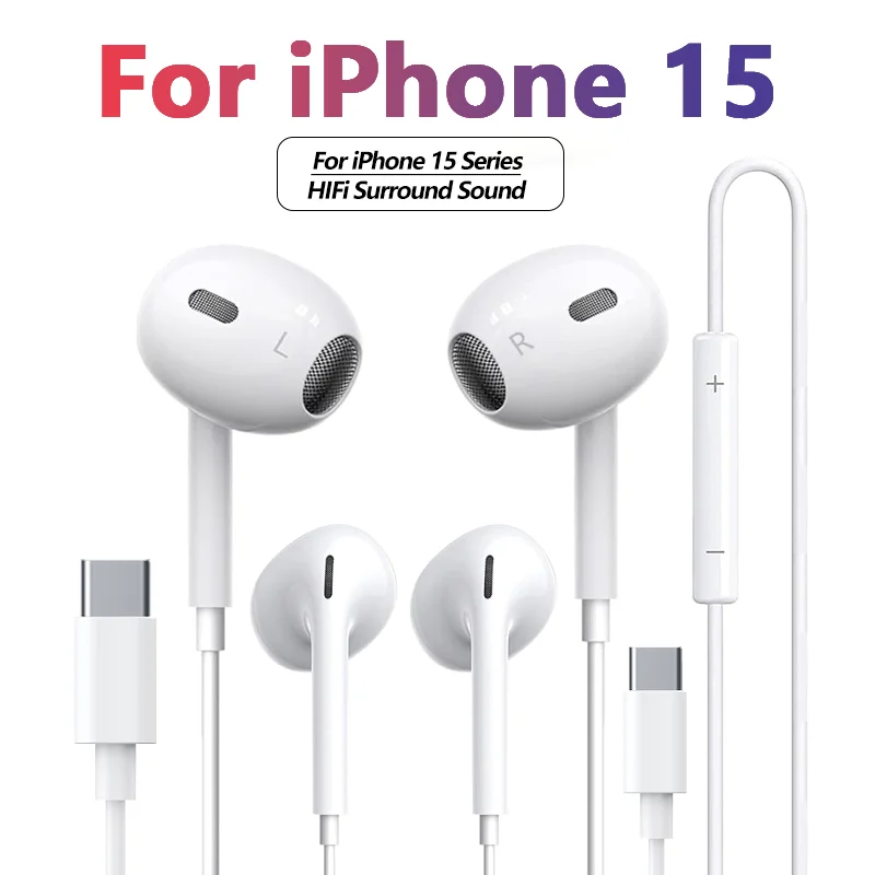 For Apple iPhone 15 Pro Max Headphones HiFi Music Wired Handfree Earphone Type-C 3.5mm With Mic For Samsung Galaxy S24