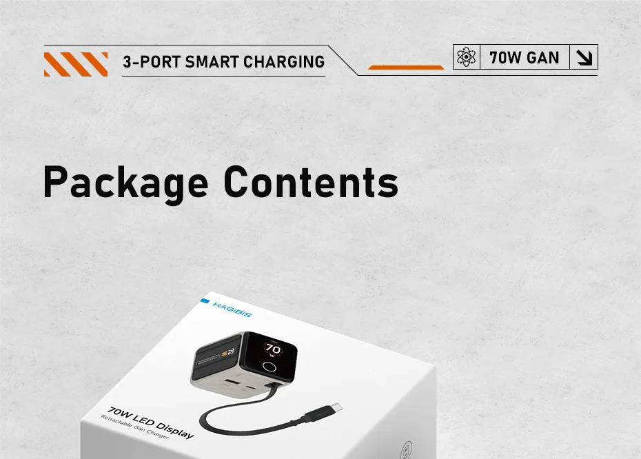 Hagibis 70W GaN USB-C Charger with Retractable Cable and Display
