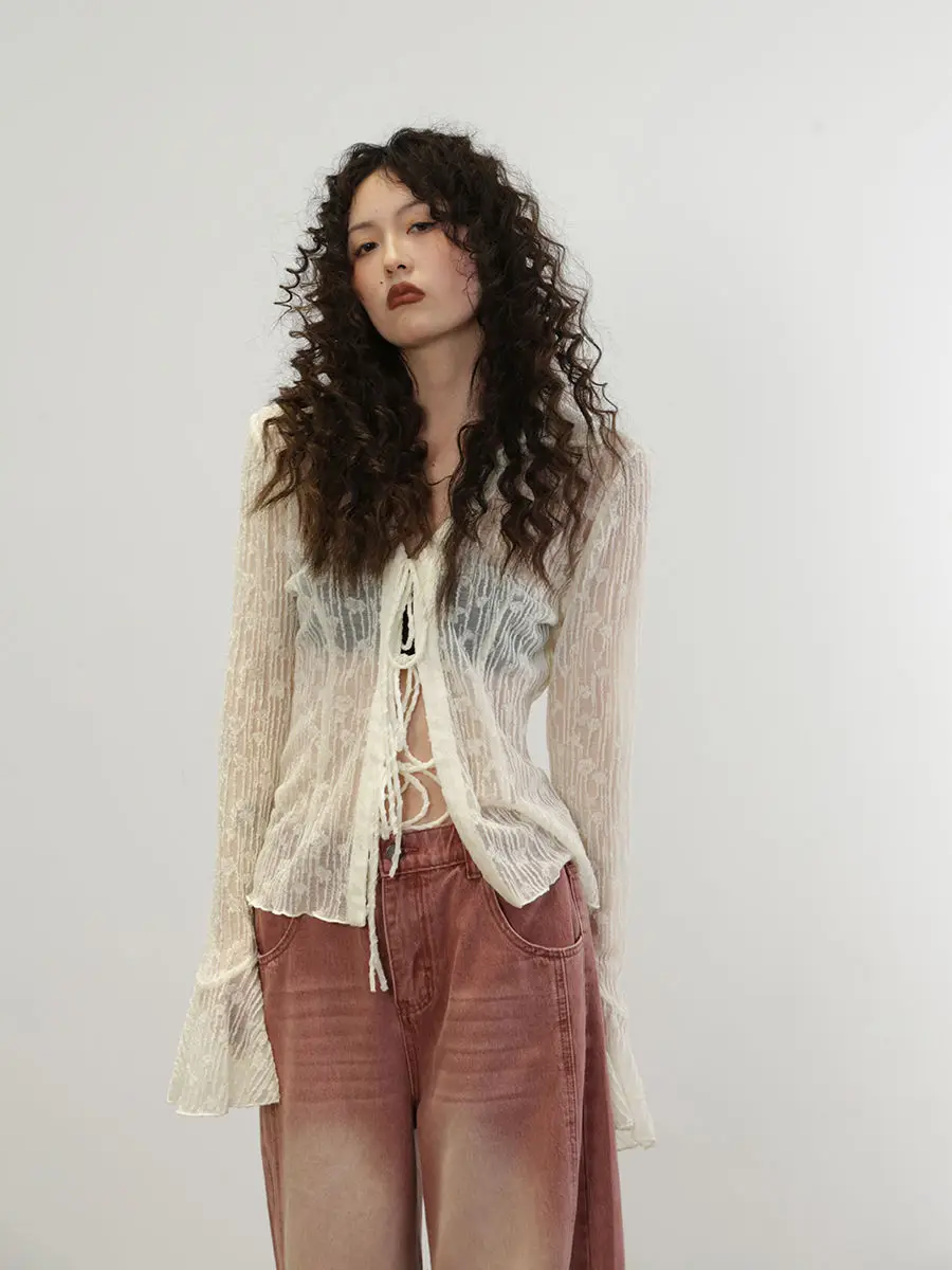 Temperament Pure Desire Wind Sexy Hot Girl High End Lace Shirt Women's Chiffon Cardigan Top Cover Meat in Spring and Summer Thin