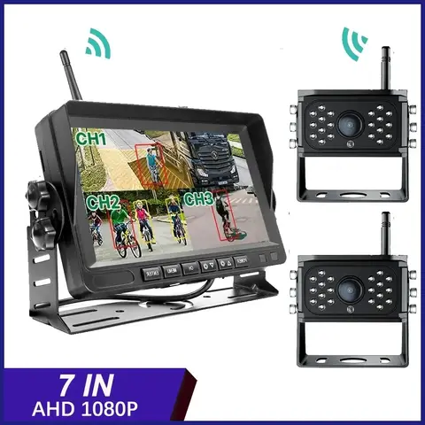 무선 사각지대 레이더 BSD 알람 녹음기 분할 화면 AHD DVR 모니터, 트럭 버스 트레일러용 IR 카메라 2 개 포함, 7 인치