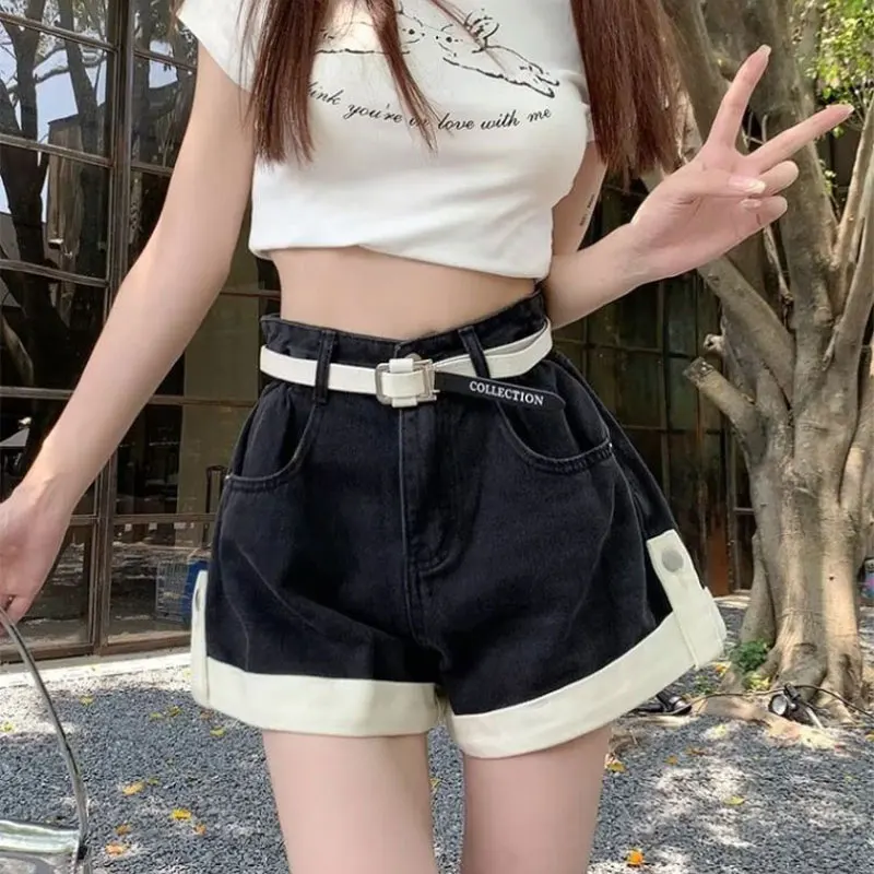 

Contrasting Colors Spliced American Denim Shorts Summer High Waist Women's Clothing A-line Loose Wide Leg Retro Straight Shorts