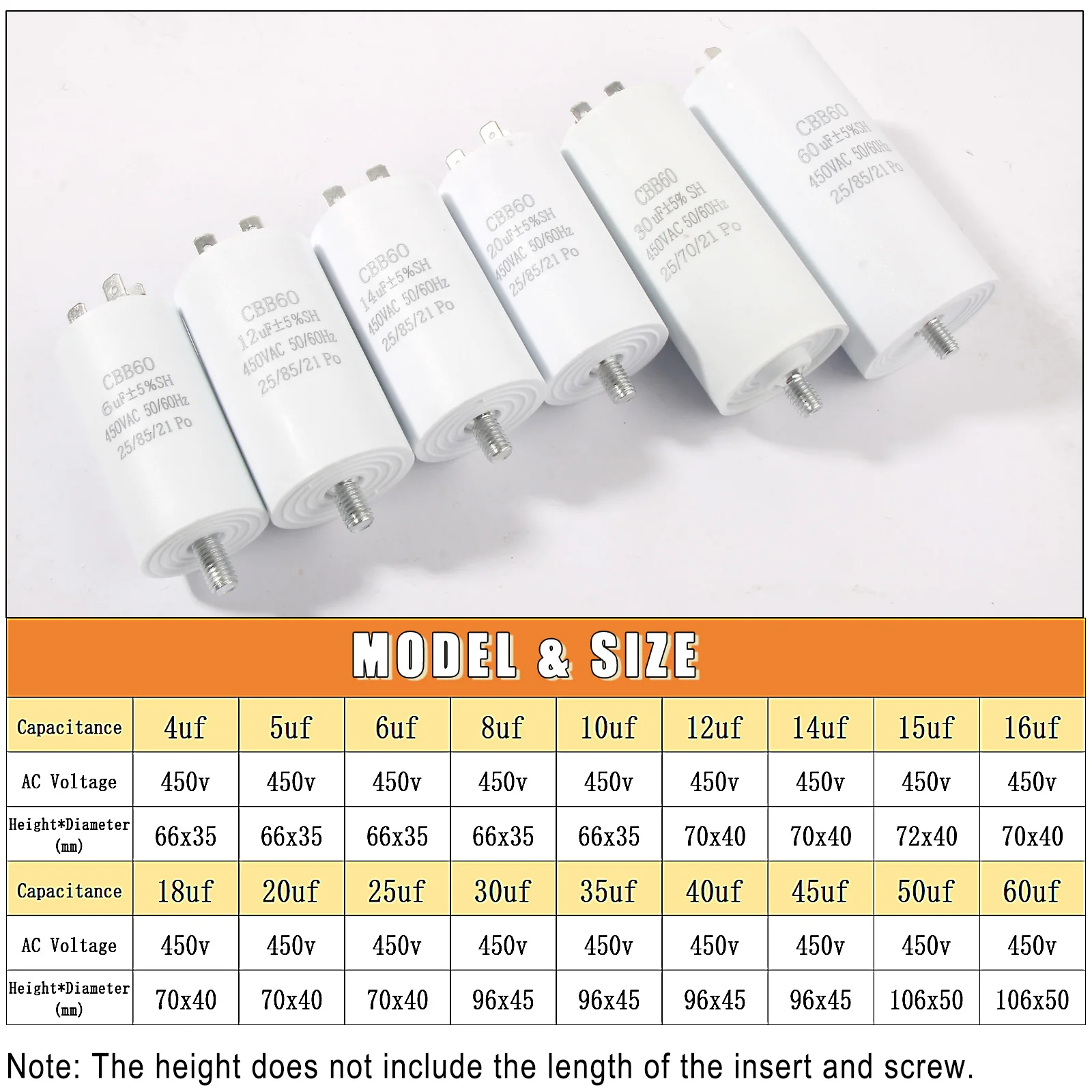 CBB60 Starting Capacitor 450V Double Insert Electric Replacement Motor Run Capacitors with screws For Air Compressor Water Pump