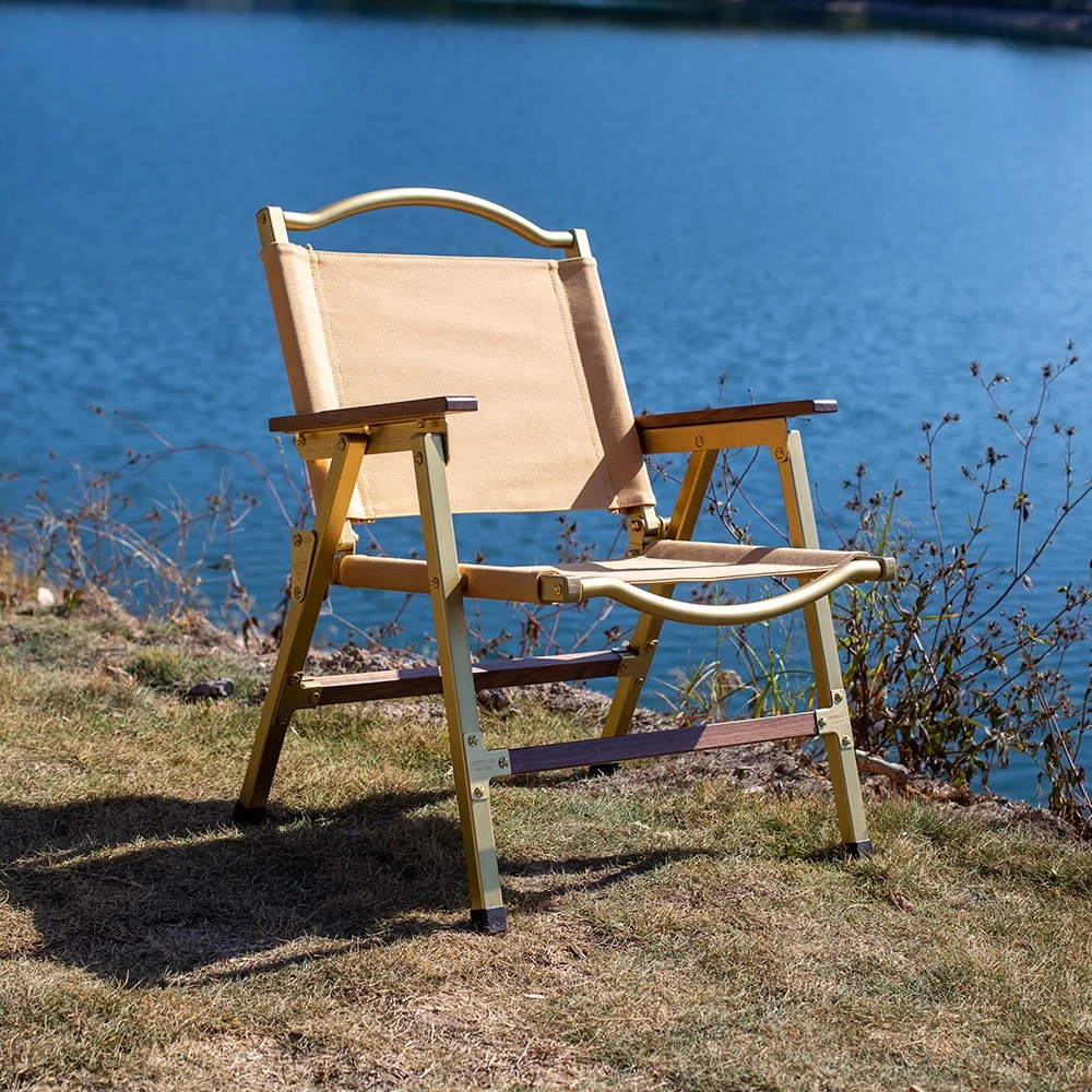 

JIFENG Outdoors Copper Frame Black Walnut Armrests With Heavy-Duty Khaki Canvas Camping Lovers Folding Chair