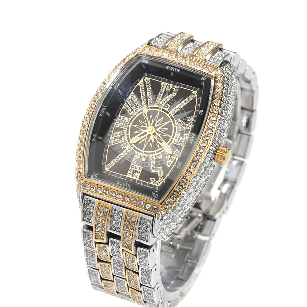 UWIN Rectangular Dial Watches Full Iced Out Full Drill Men Stainless Steel Hip Hop Luxury Watch Rhinestones Quartz Business