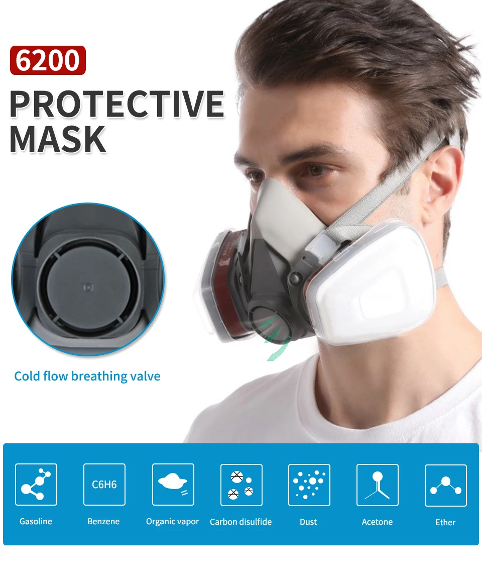 8IN1 6200 Reusable Respirator Half Face Cover Gas Mask with Fog-proof Glasses for Painting Spray Polishing Work Safety Smoke