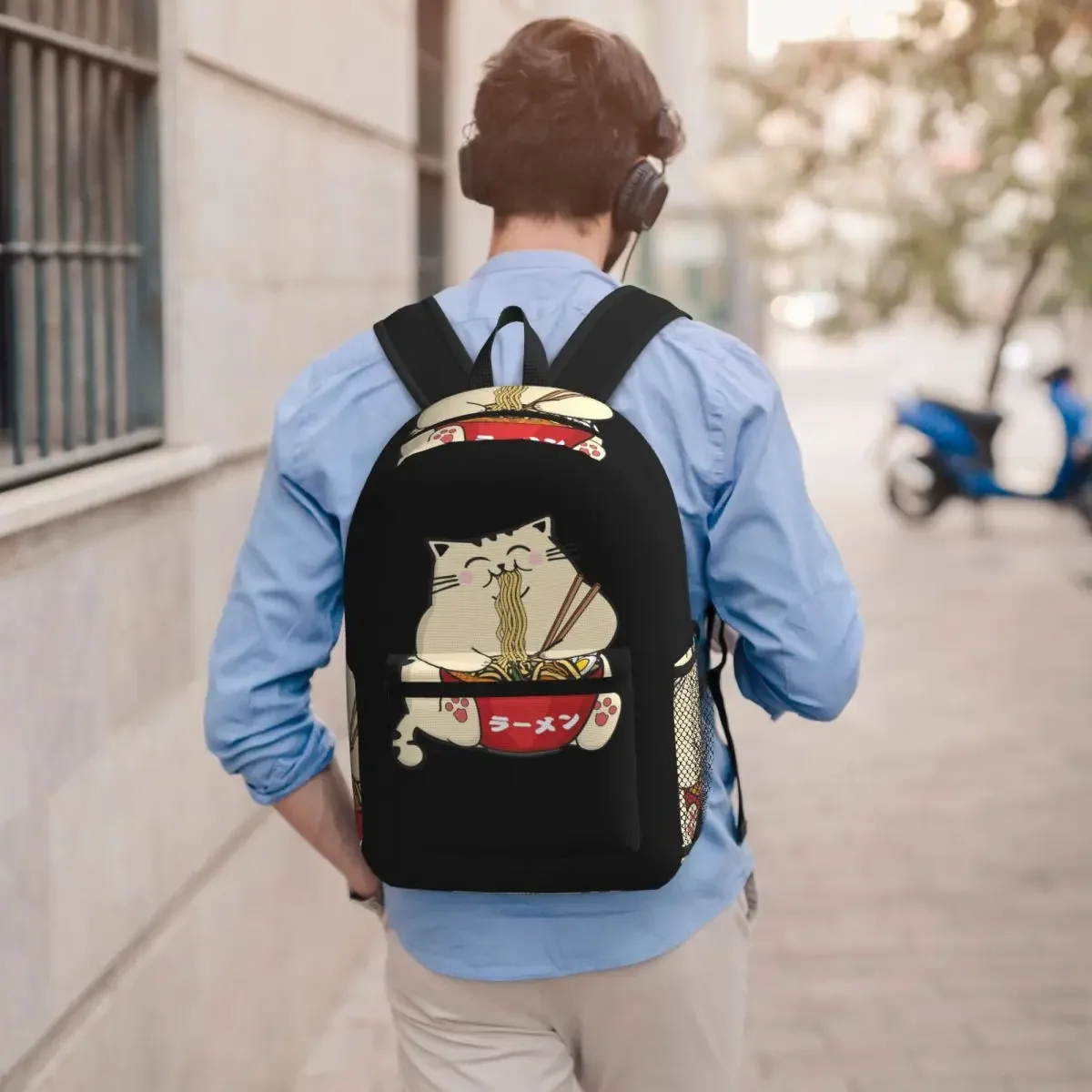 Japanese Cat Eating Ramen Student Backpack School Bag Hiking Travel Daypack for Boys Girls Bookbag Shoulder Bags