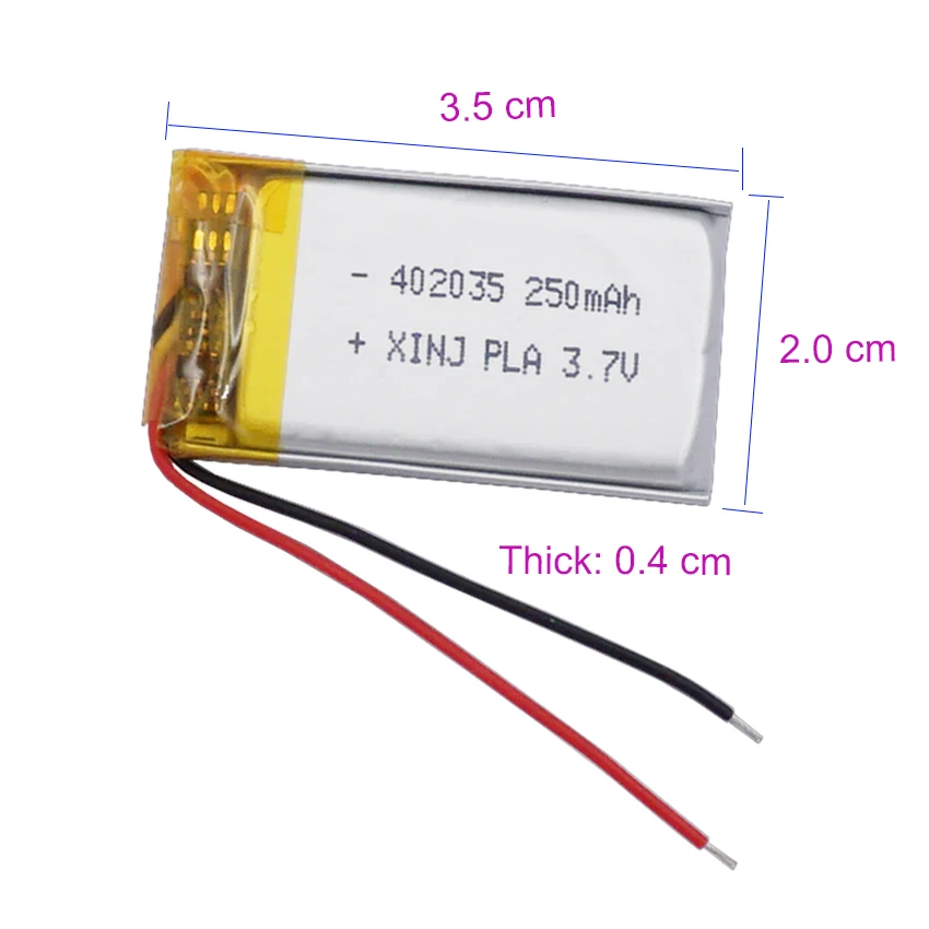 2pcs 3.7V 250mAh 0.92Wh Li-Polymer Replacement Lipo Rechargeable Battery JST 2Pin 1.0/1.25/1.5/2.0/2.54mm Connector plug 402035