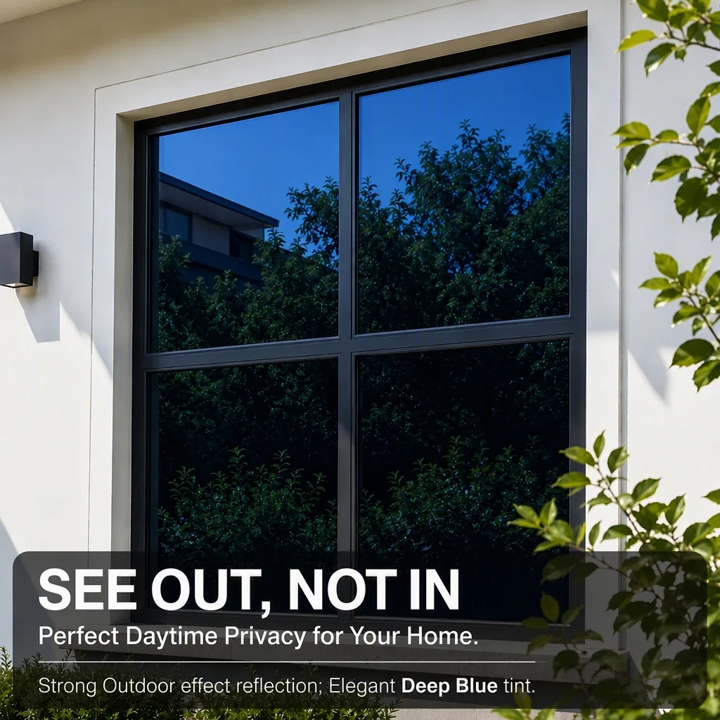 One Way Window Film Deep Blue Privacy Window Stickers Heat Rejection 99% UV Block Anti Glare for Home Office Glass
