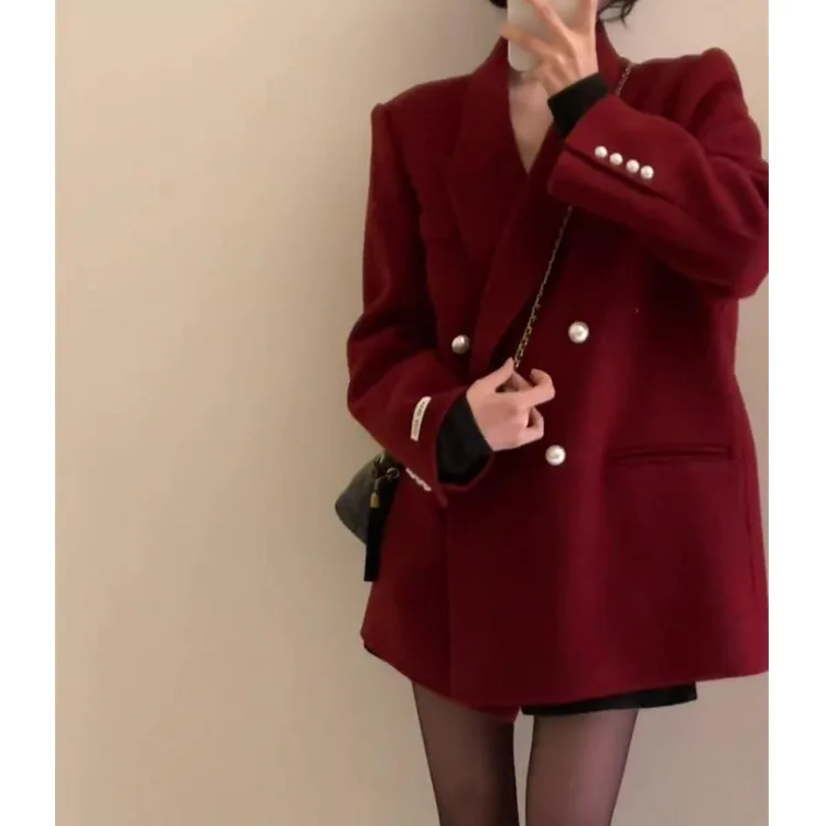 بدلة حمراء Jaet للسيدات Cisas Faion تصميم أصلي فضفاض من البوليستر طويل Sve معطف مزدوج الصدر بلون نقي #3