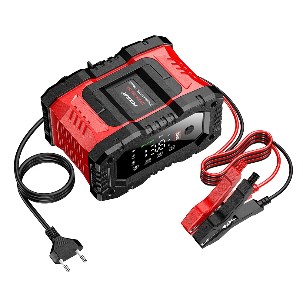FOXSUR 20A/10A Car Motorcycle Battery Charger 12V/24V Smart Charger Lithium AGM GEL Lead-Acid LiFePO