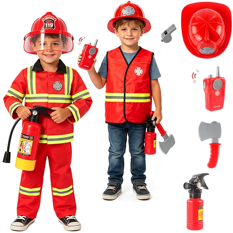 Firefighter Costume Fireman Boys Girls Outfits Halloween Cosplay Children's School Event Carnival Birthday Party Kids Clothes