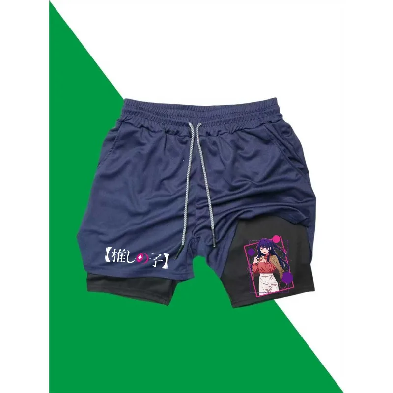 Ai Hoshino طباعة 2in1 تشغيل تجريب السراويل الرجال الصالة الرياضية أداء ضغط السراويل مع جيب للهاتف منشفة رياضية أكتيفيوير #3