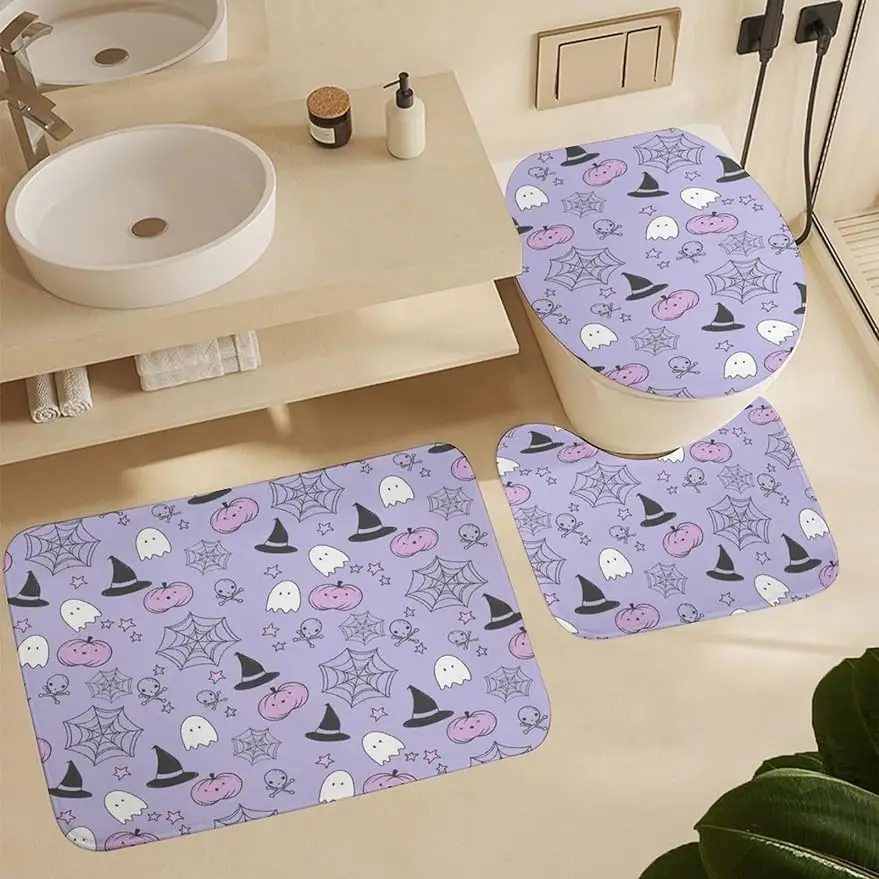 Pink Purple Ghost Bath Mat Set 3 Piece Boo Halloween Soft Bathroom Rugs Bath Mat Contour Rug and Toilet Lid Cover Sets