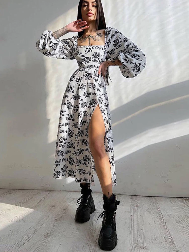 Women's Chiffon A-line Dress Casual Square Neck Flower Printed Bubble Long sleeved Dress Open Back Lace up Sexy Bohemian Party