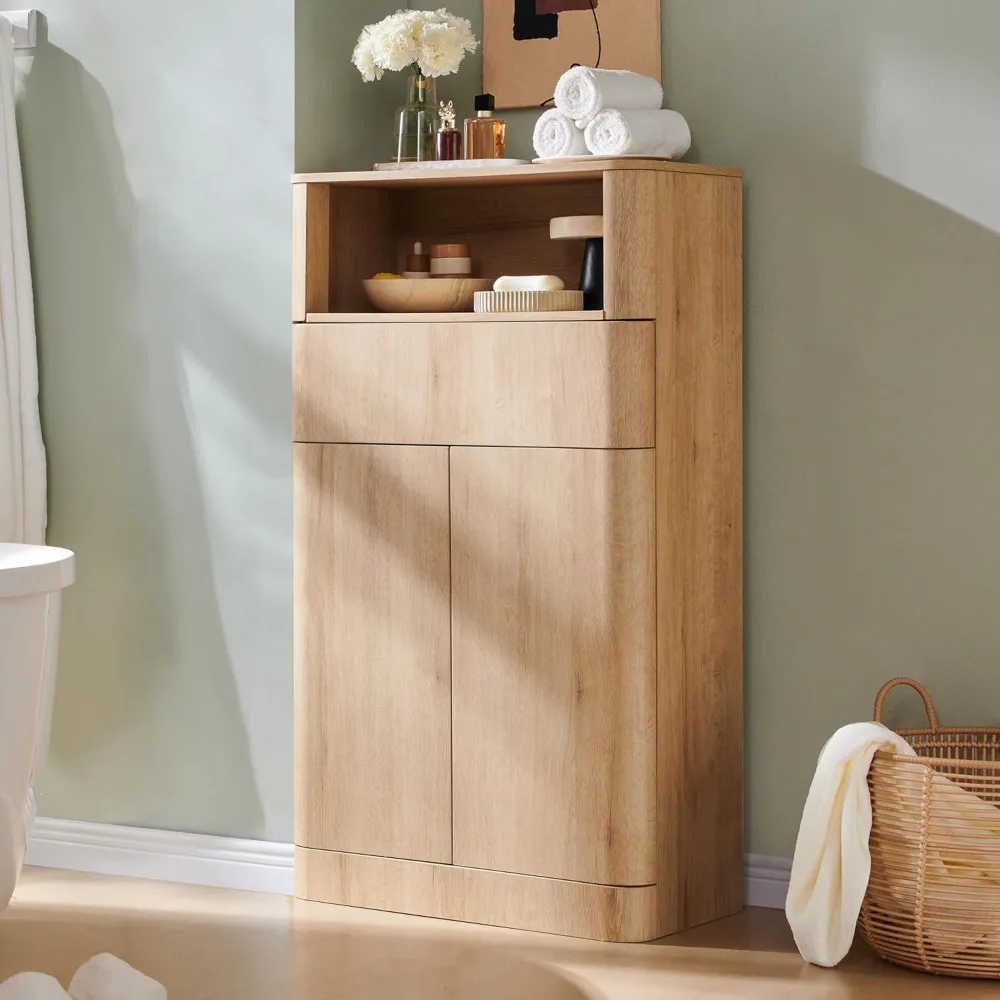 

Modern minimalist bathroom cabinet with adjustable shelves, sliding drawers, and magnetic push locks