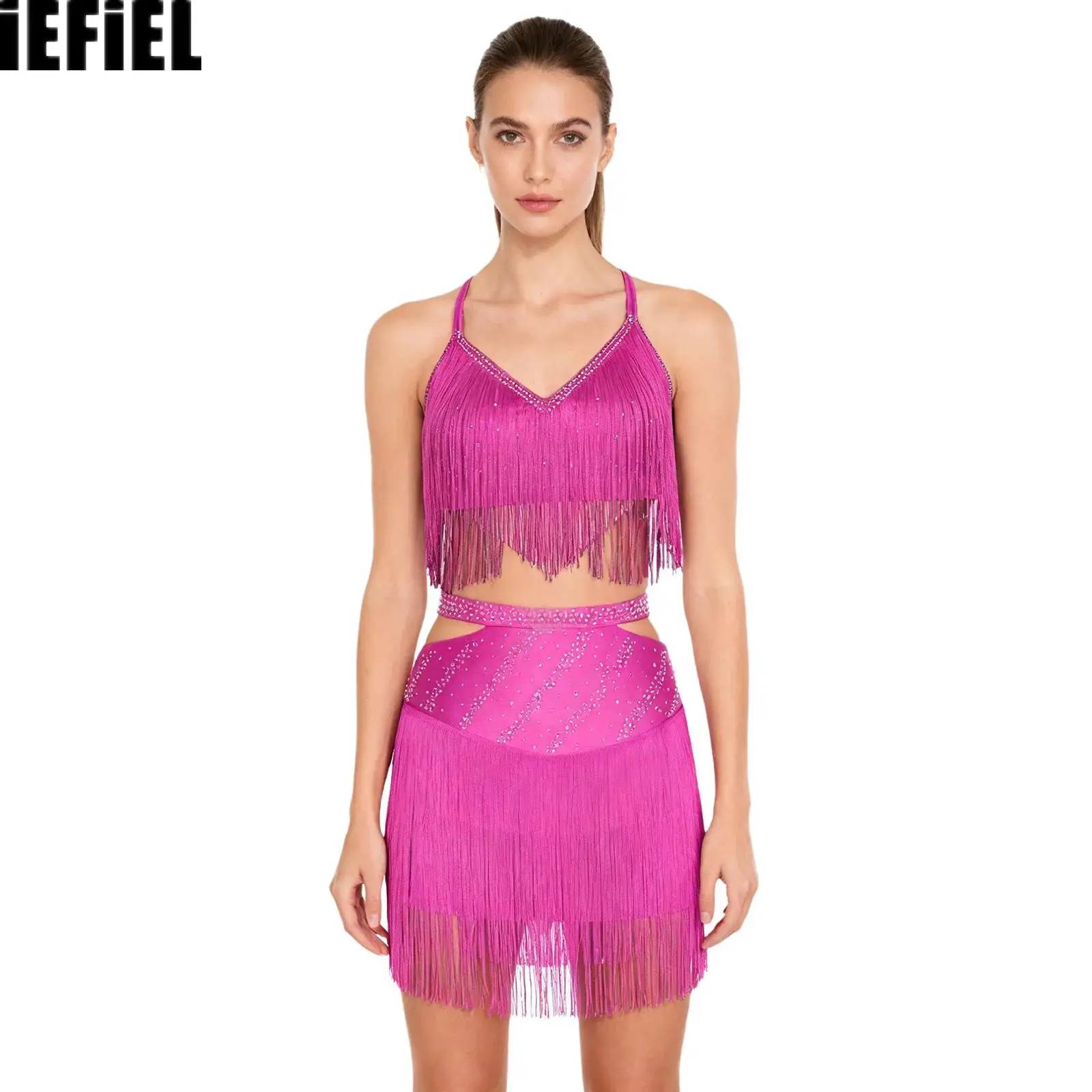 

Womens Latin Tango Dance Outfits Tassel V-Neck Sleeveless Crisscross Back Crop Top And Cutout Elastic Waistband Skirt Dancewear