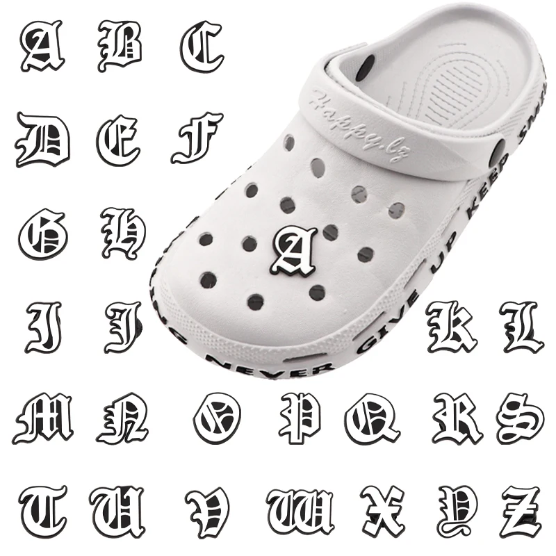 Black And White Old Alphabet Hole Shoes Charms Detachable Decoration Letter Accessories For Men Women Sandals Ornaments 1Pcs