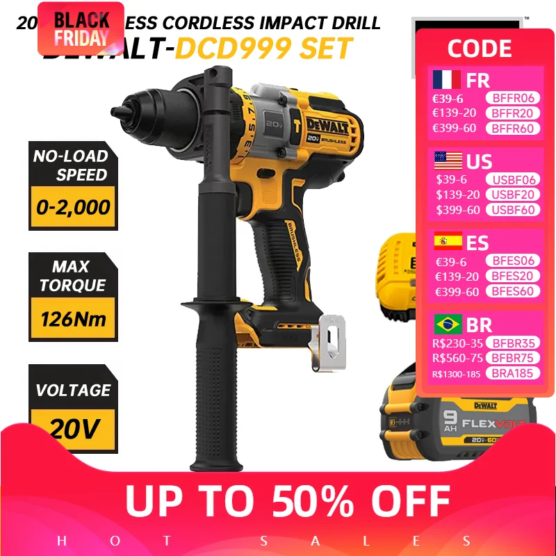 DEWALT 20V Cordless Hammer Drill/Driver Flexvolt Advantage Brushless Motor Power Tool DCD999 Impact Drill DCB606 DCB609 DCB612