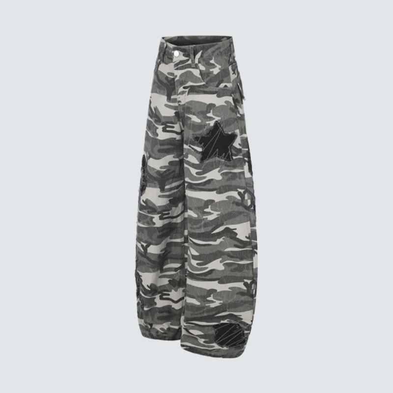 MWJLPWQ American-Style Camouflage Wide-Leg Jeans Male Raw Edges Star Patches Distressed Loose Street-Style Straight Pants 20430