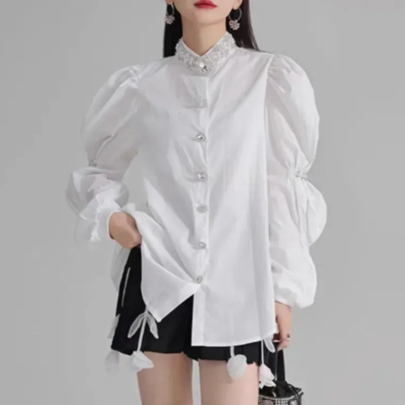 Puff Long Sleeve Ropa Mujer Stand Collar Diamond Shirts Blouses 2025 Woman Blusas Autumn New Camisas Exquisite Button Blusa