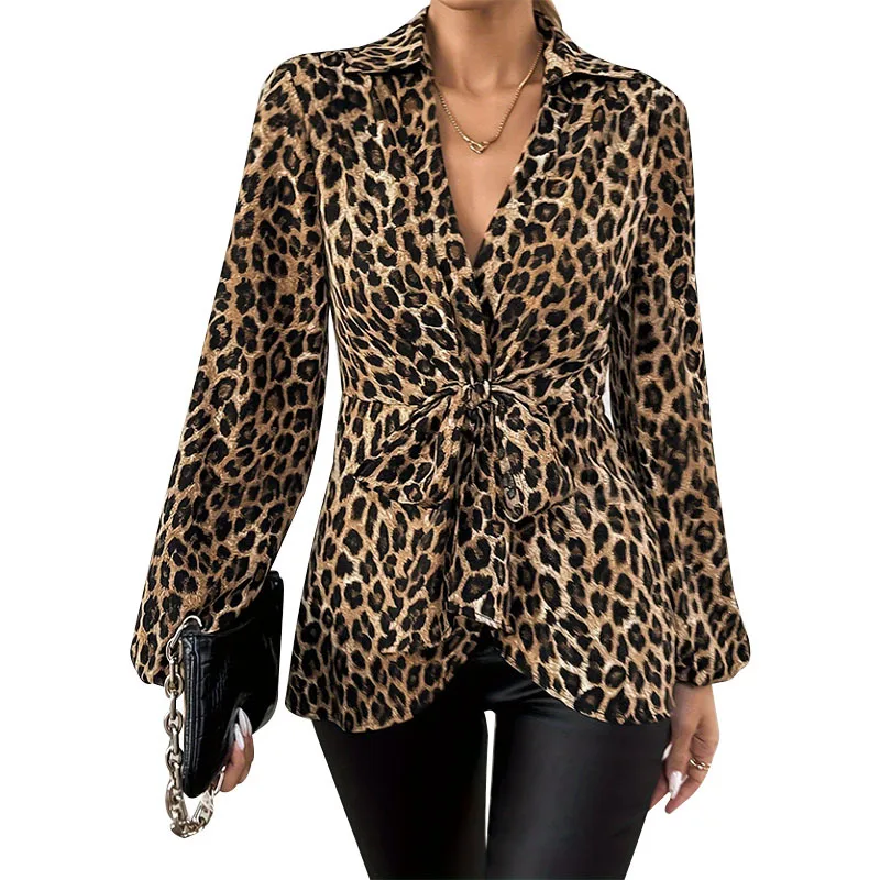

2024 Spring New Leopard Print Lace-up V-neck Temperament Long Sleeve Shirt