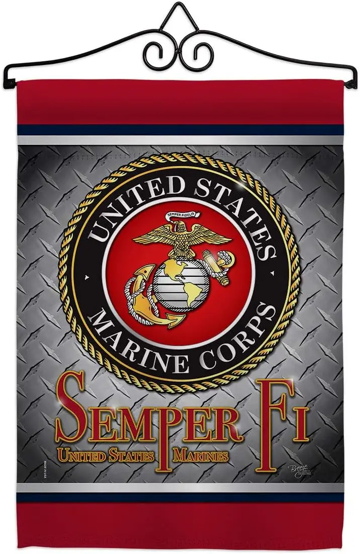 Breeze Decor Semper Fi US Marine Garden Flag Set Wall Hanger Armed Forces Corps USMC United State American Military Veteran Reti