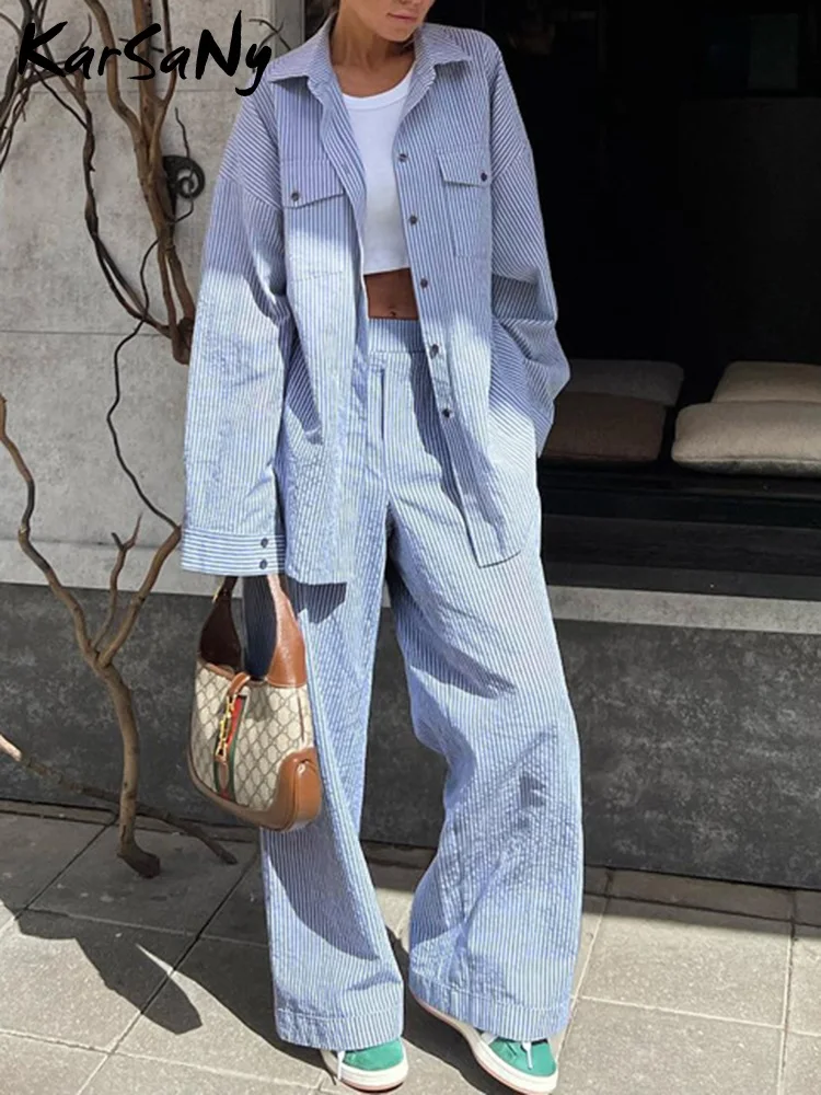 Two Pieces Sets Women Outfit 2024 Autumn High Waist Wide Leg Pants Women\'s Suits Blue Striped Long Sleeve Shirts Casual Set