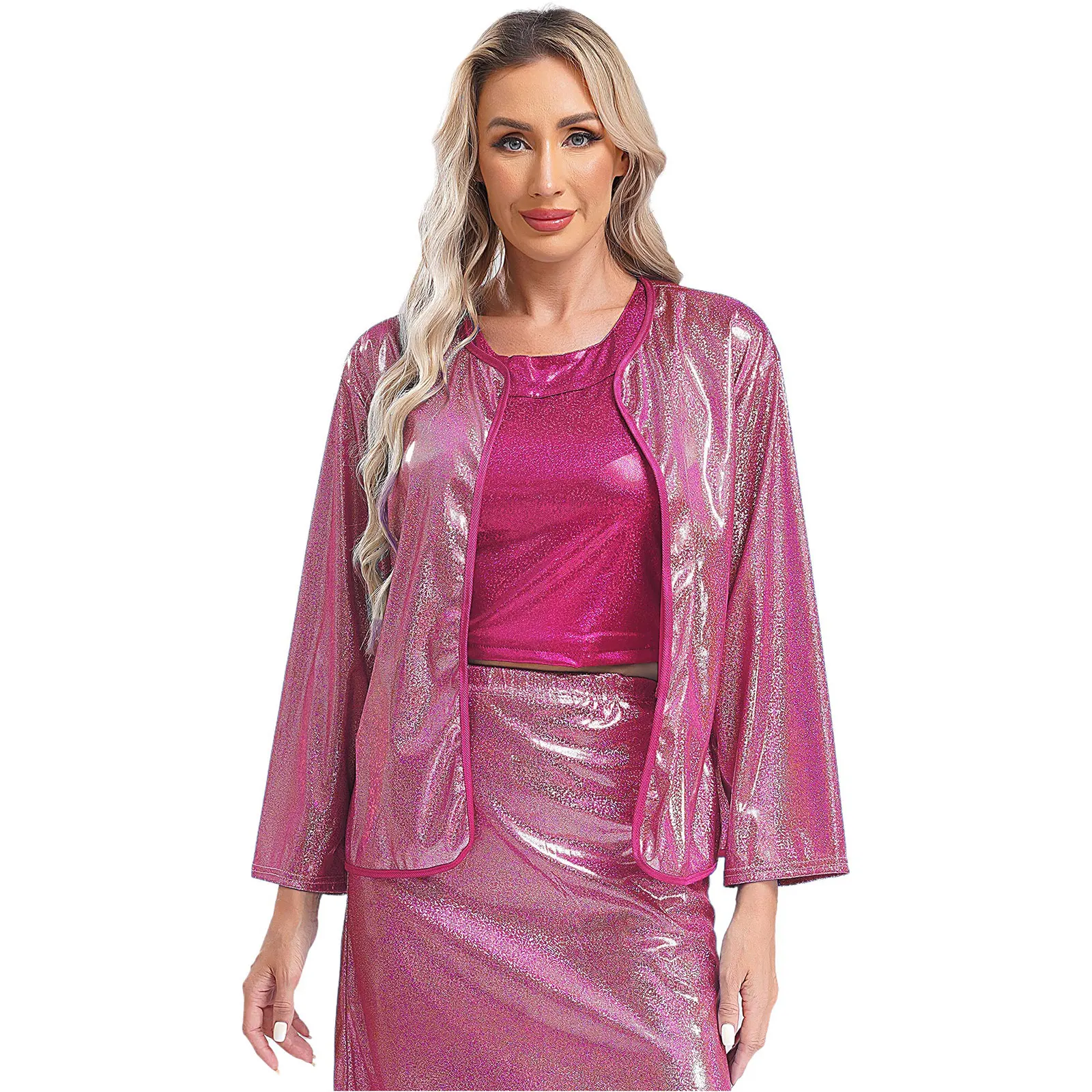 Womens Party Jacket Bolero Fashion Shiny Metallic Cardigan Jackets Femme Open Front Shrug Top Coat Carnival Festival Costumes