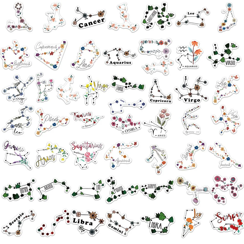 10/30/52PCS 12 Zodiac Flower Style Cartoon Sticker DIY Laptop Luggage Skateboard Graffiti Decals