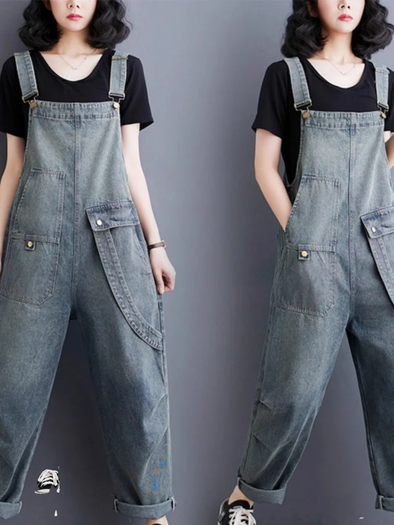 

Fashionable Retro Polished White Slanted Pocket Jeans Women's Summer Artistic Versatile Temperament Overalls Strap Jumpsuit W429