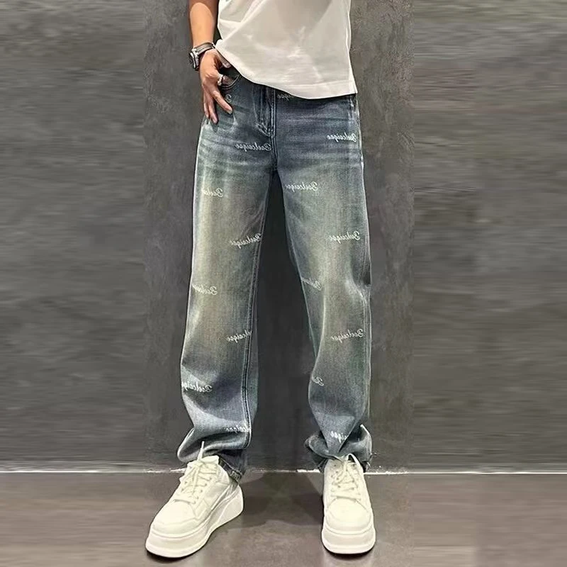 Men's Trendy Letter Print Washed Blue Straight Denim Pants Summer Simple Casual Streetwear Pockets Loose Jeans Pantalones Hombre