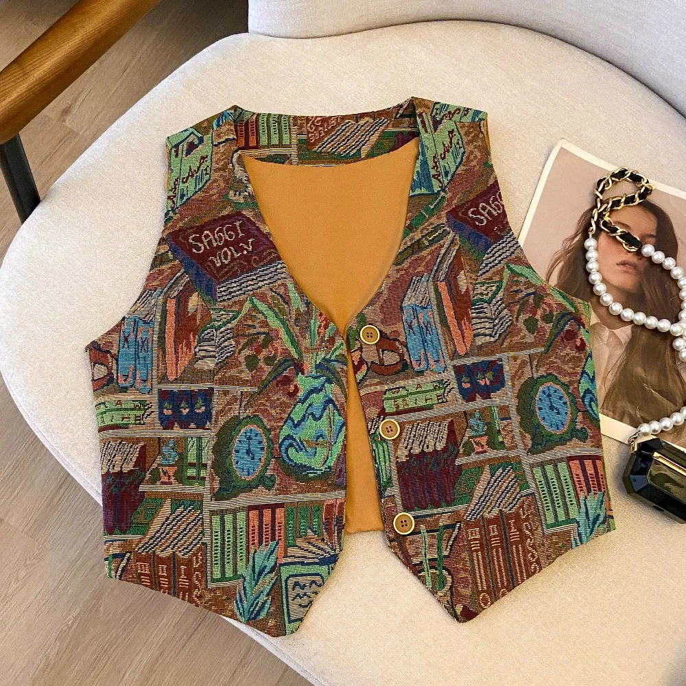 

Women's French Retro Ethnic Style Colorful Embroidered Jacquard Crop Vest Prairie Vacation Layered Sleeveless Waistcoat
