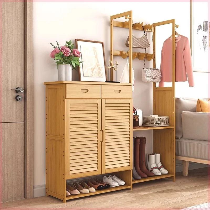Exquisite Minimalist Nanzhu Shoe Cabinet Full Bamboo Shoe Cabinet Coat Rack Integrated Entrance Cabinet Multi-function