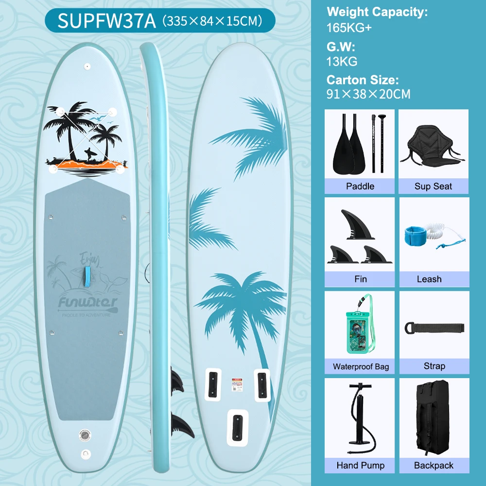 Funwater 11FT 32 " Roze Opblaasbaar Stand Up Paddleboard Palm Tree Kayak Zitje Waterdichte Telefoonhoes ISUP Complete Set Volwassenen SUP