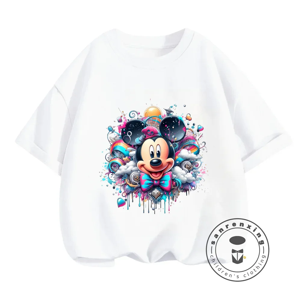 Adorable Summer Disney Mickey Mouse T-Shirts Trendy Solid Color Kawaii Shirts for Kids Embellished Charming Cartoon Patterns