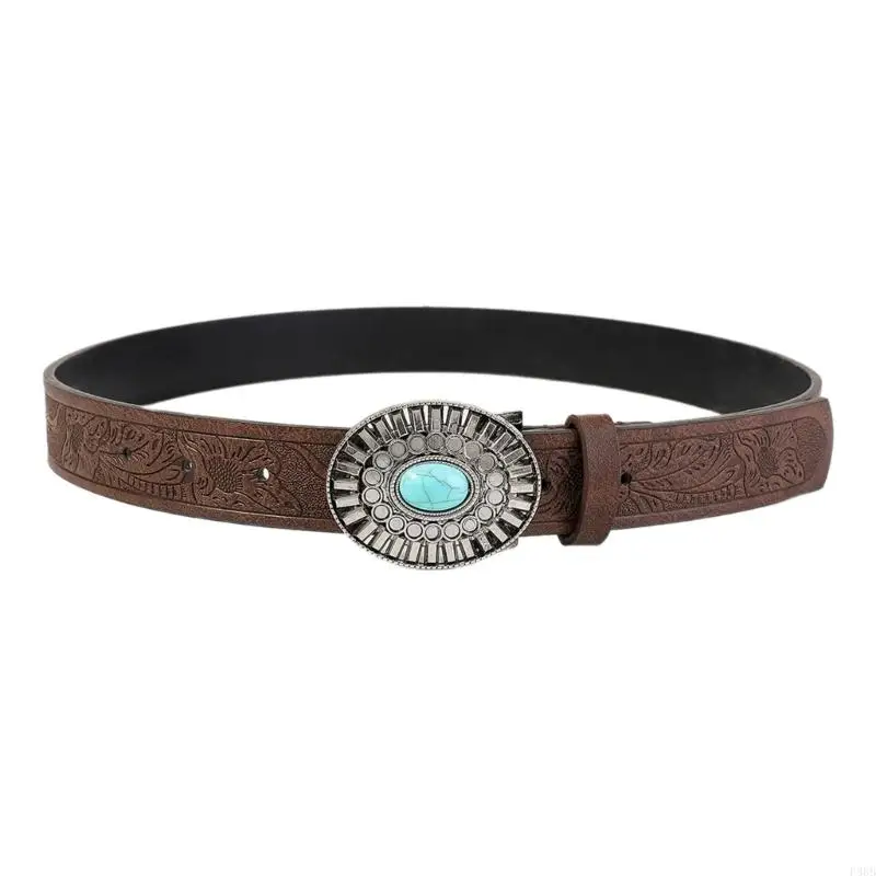 P88B PU Lederen riem reliëfpatroon riem turquoise gesp bakband taille decors