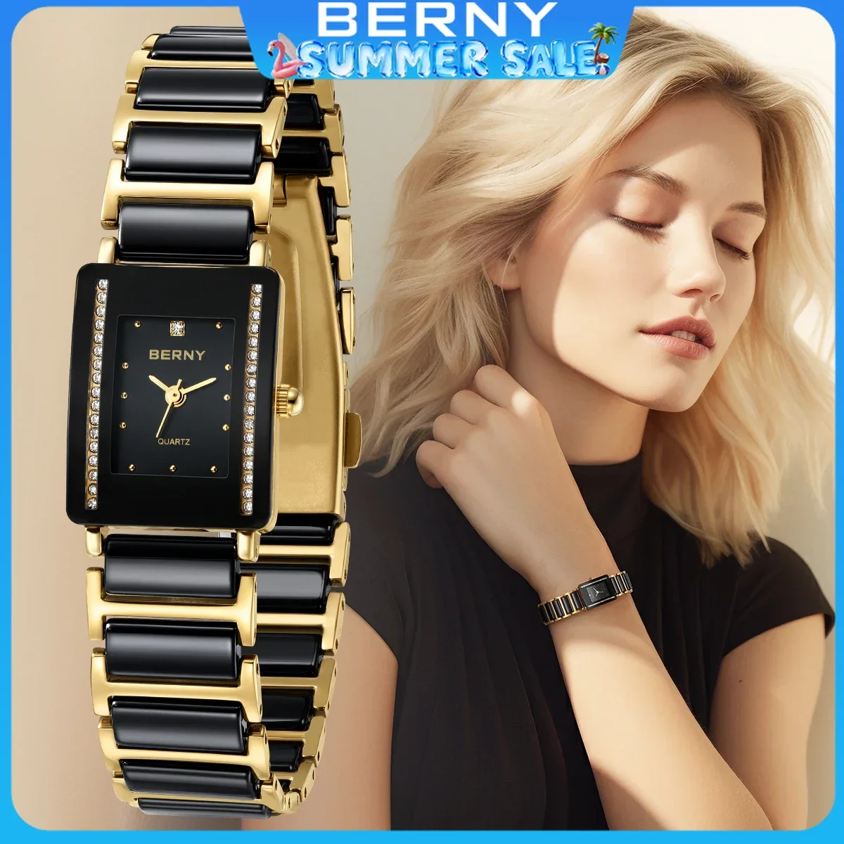 

BERNY Ceramics Quartz Women Watch Fashion Rectangle Men/Women Wristwatch Bracelet Luxury Diamon Gold Couple Watches Gift Watches