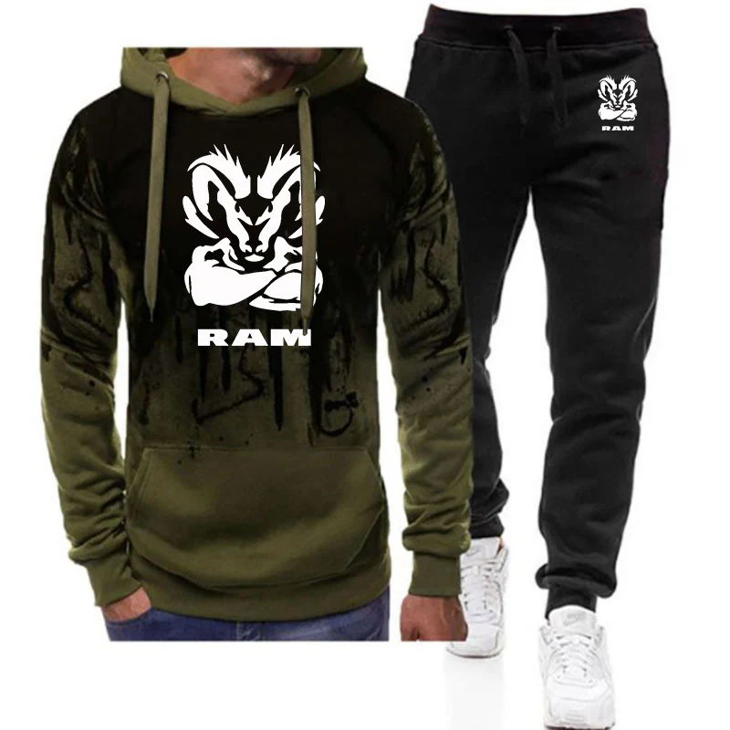 

2026 Spring And Autumn Men's Ram 1500 Turbo Car Logo Print High Street Gradient Color Drawstring Hoodies Pants Suits