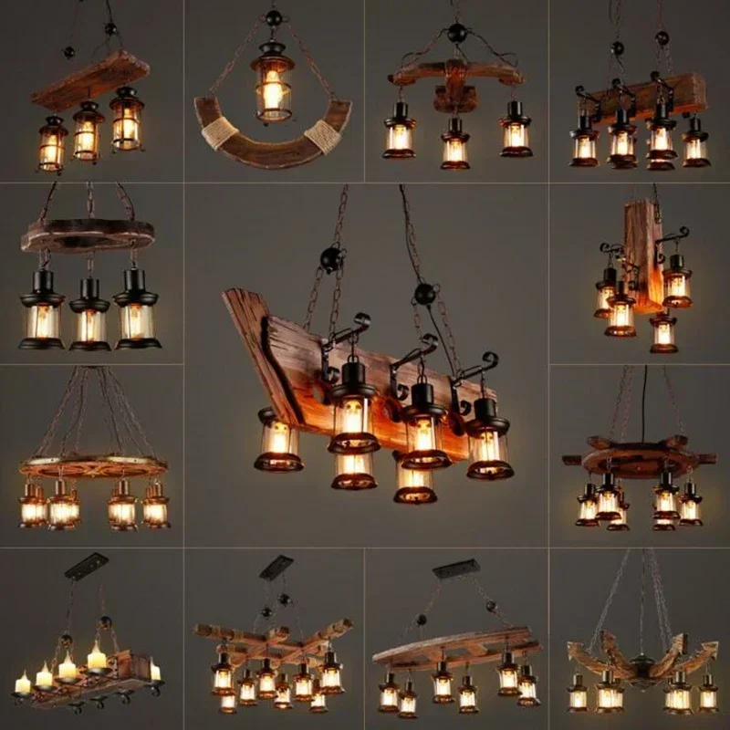 

American Retro Industrial Style Chandelier Glass Solid Wood Iron Restaurant Bar Coffee Shop Boat Wood Decoration Pendent Lamp