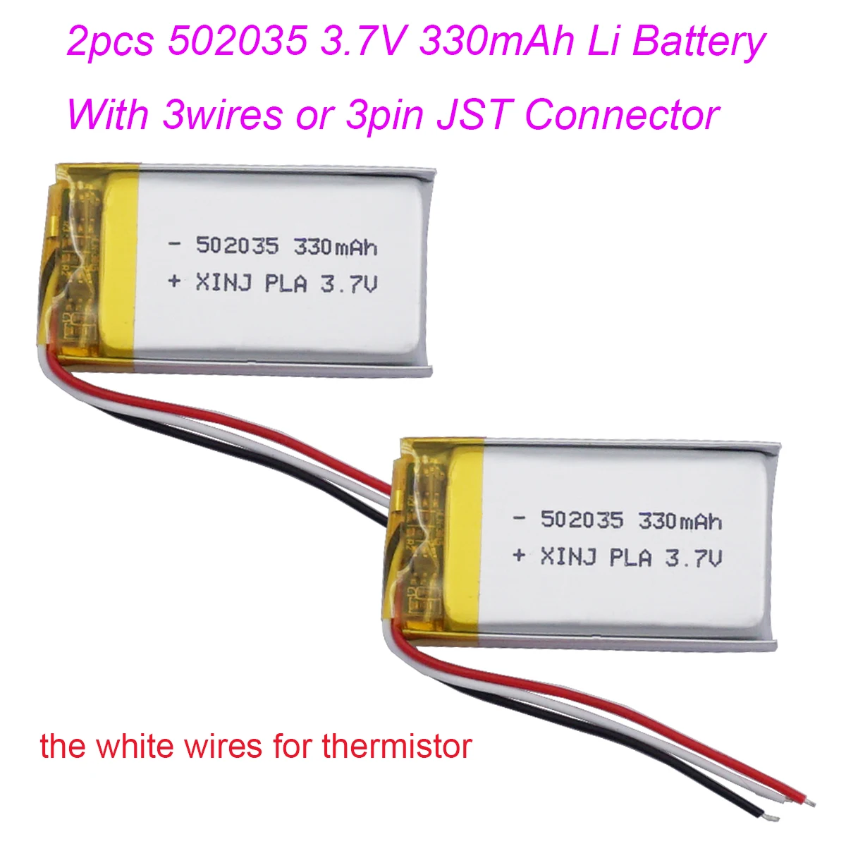 2pcs 3.7V 330mAh 1.22Wh Rechargeable Lipo Li ion Battery 502035 NTC 3 Wires for thermistor JST 3Pin 1.0/1.25/1.5/2.0/2.54mm plug