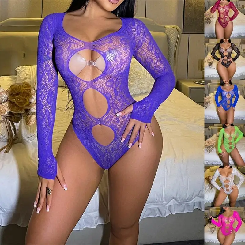 

L5YC Lingerie for Women Sheer Mesh Bodysuit Top Long Sleeve Cut Out
