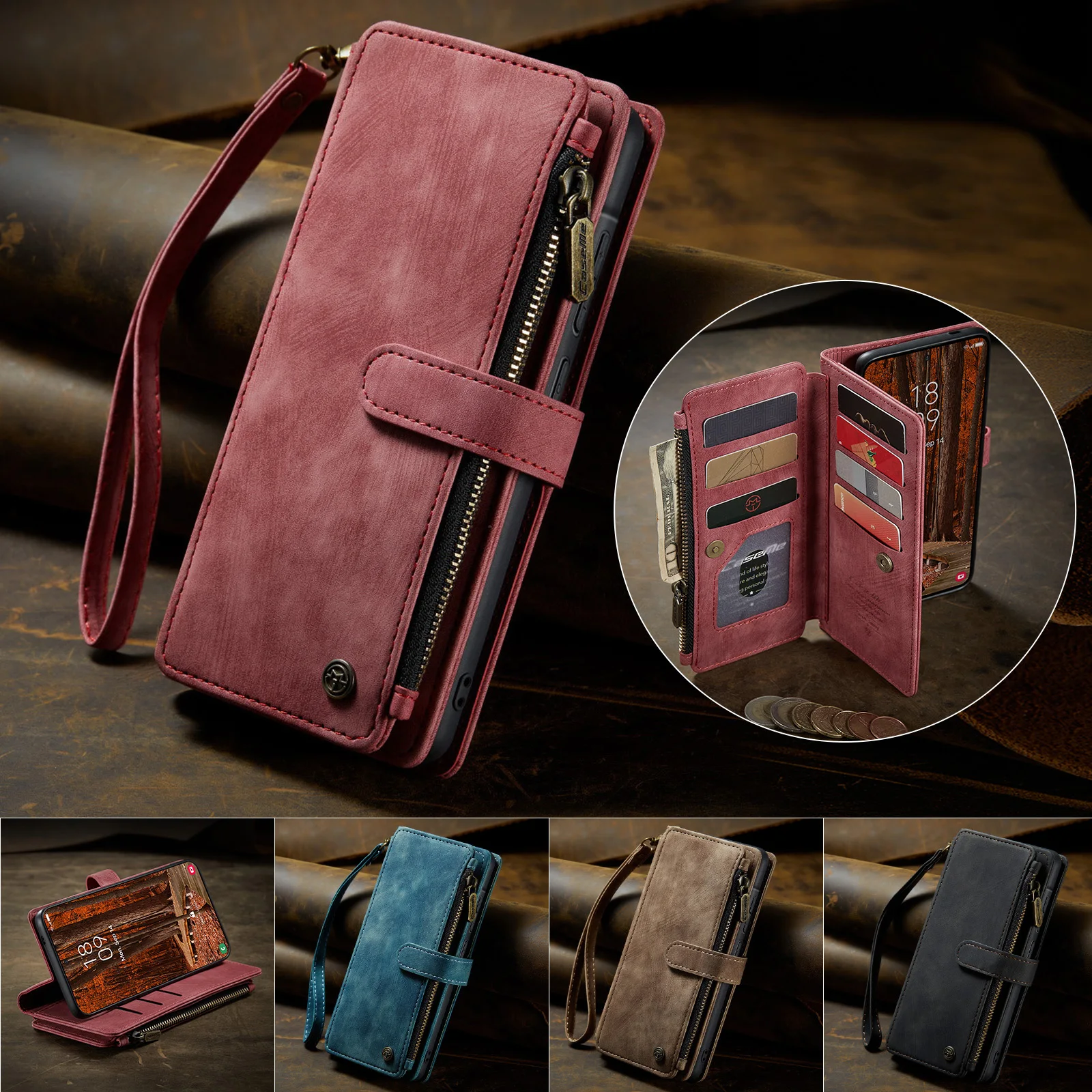 

Чехол-книжка Caseme-C30 в ретро-стиле из искусственной кожи для Samsung Galaxy A57 с отделениями для карт, карманом на молнии и функцией подставки