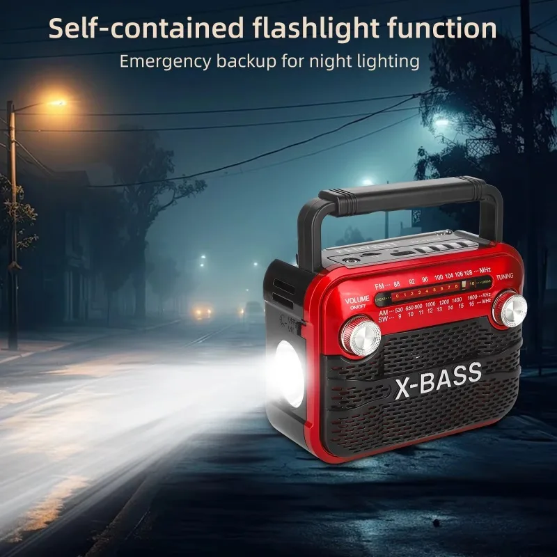 Portable compact FM radio, output 3W FM/AM/SW1-6/USB/TF/BT playback, multi-band household flashlight can be used indoors and out