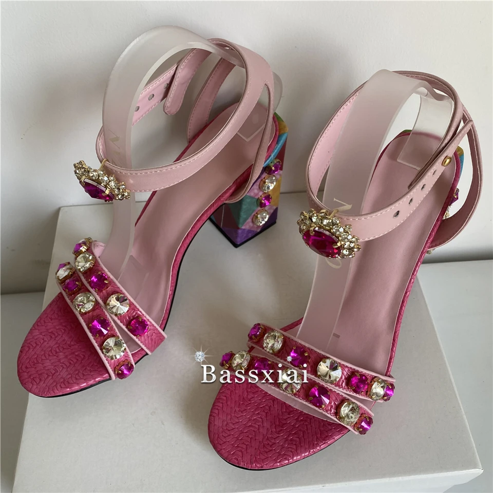 Diamond Rhinestone Chunky Heel Sandals For Girls Ankle Strap Open Toe Crystal Jeweled Strappy Summer Sandalias De Mujer