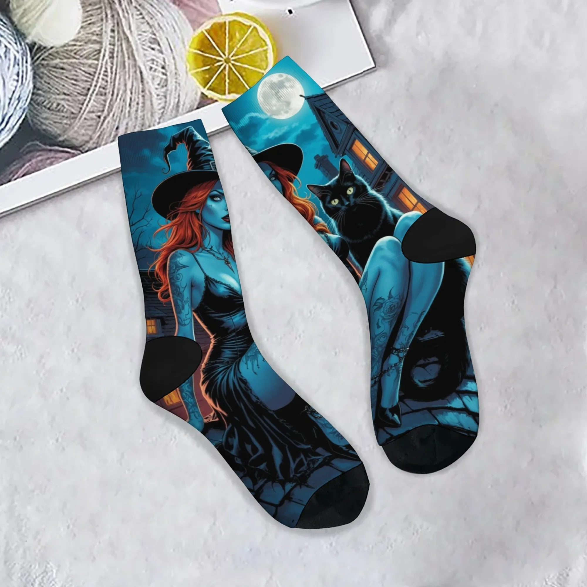 Geheimnisvolle Hexe magische schwarze Katze Herrensocken Neuheit glückliche Hip-Hop lustige Socken Unisex Harajuku-Stil Retro-Trend Freizeitsocken