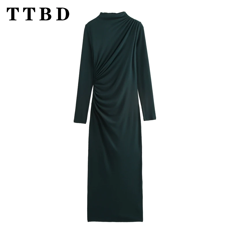 TTBD 2024 Herfst Vrouw Casual Mode Lange Mouw Effen Kleur Jurk Vrouwelijke Vintage Half hoge Kraag Ruches Jurken Maxi rok