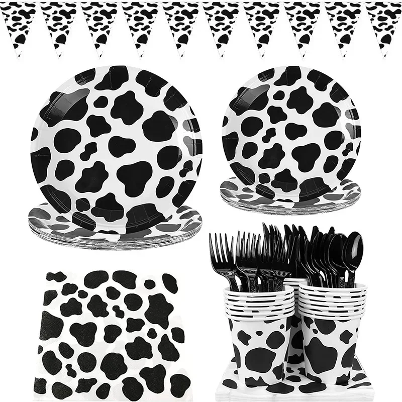 Ranch – assiette en papier pour fête à thème vache noir et blanc, tasse, nappe, drapeau triangulaire, ensemble de fête, décoration de Festival d'anniversaire, 20 pièces