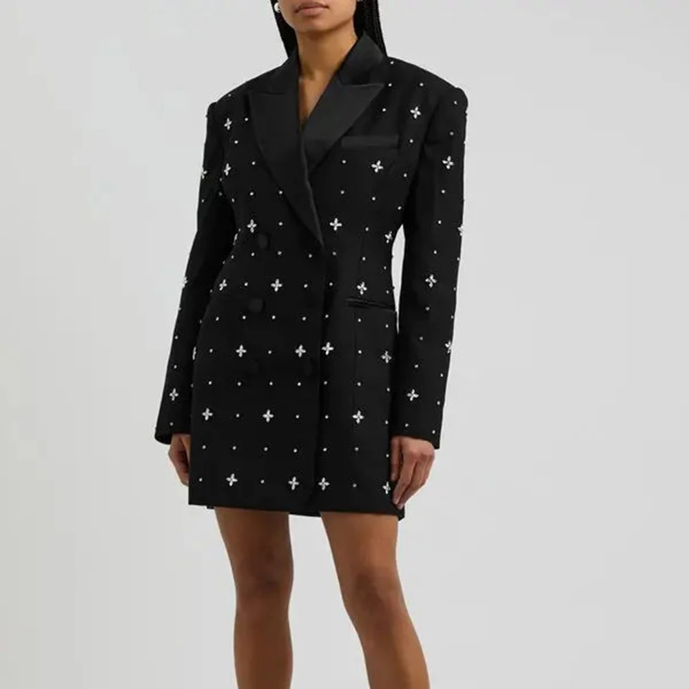 TWOTWINSTYLE Solid Spliced Diamonds Elegant Blazers For Women Lapel Long Sleeve Tunic Temperament Slim Casual Coats Female New